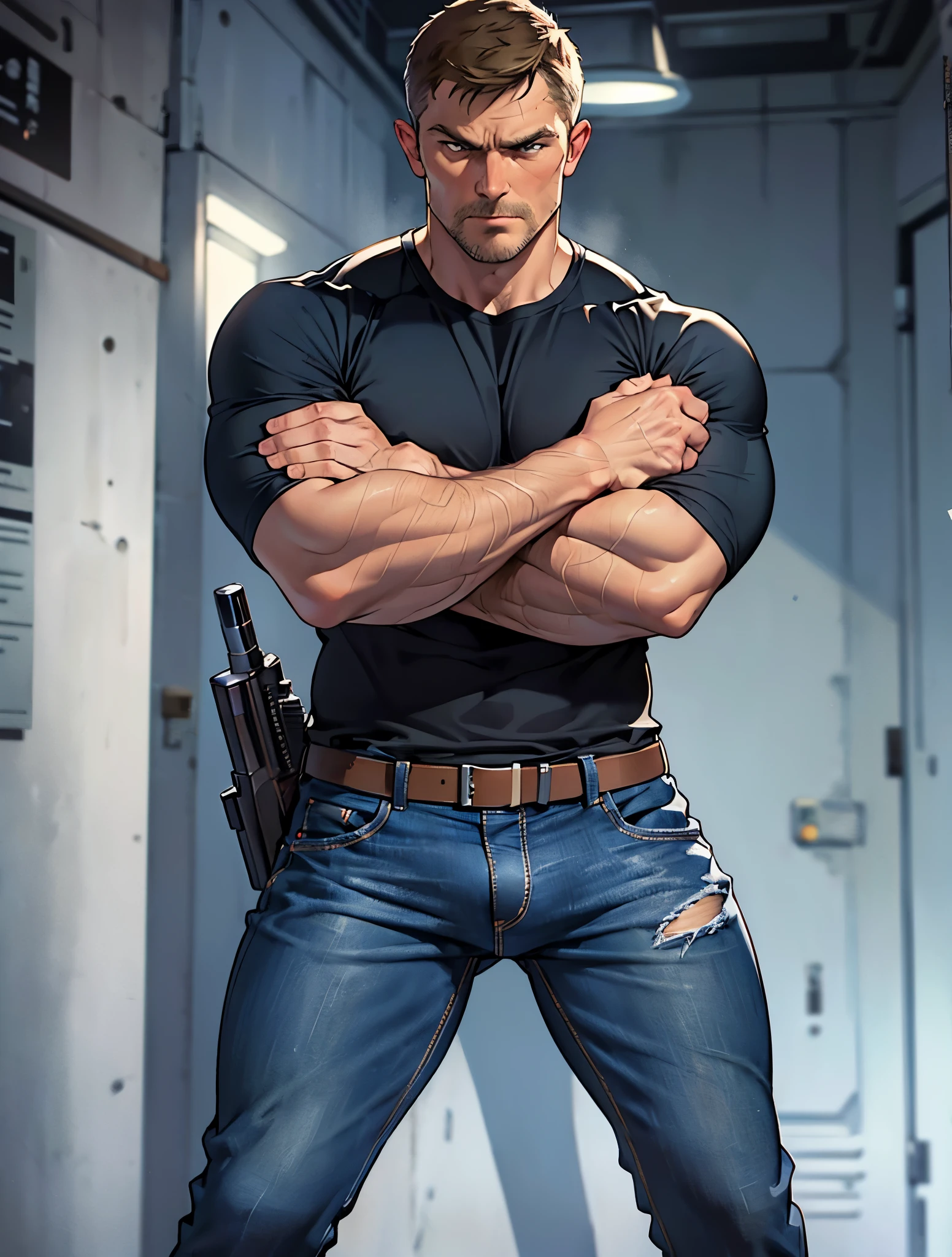 Homem, standing on, lateralmente, segurando um arma futurista, Corpo da Marvel