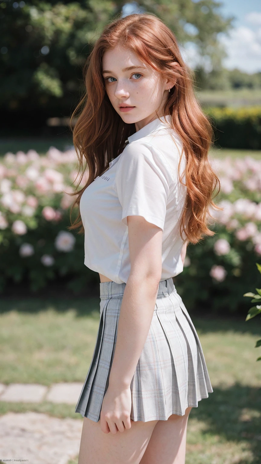 (Bellucci Monica)，Beautiful woman with red hair，Loose white nightdress，Big ass exposed，Sit on grass，Raised sexy，Realistis，perfectquality，photorealiscic face，photorealistic eye，Vision behind the butt，Black panty