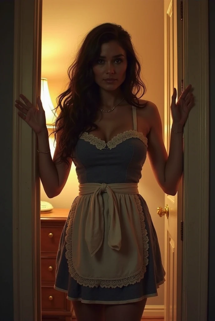 generated a full body of a 21 years old young white woman with dark brown hair, in a historical or ancient setting, with a man standing close behind a woman, hes lookign at her with an angry expression. The woman has a sad expression, she wear a white dress half transparent, we see her boobs throught the dress,  while the man gazes at her with a serious demeanor. The background features warm, earthy tones with minimal decor, enhancing the period atmosphere