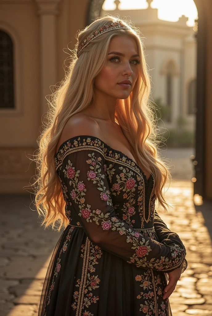 a beautiful blonde woman, beautiful golden blonde hair, detailed eyes, beautiful detailed lips, extremely detailed face, long eyelashes, in the country of Egypt, wearing a long black arab dress which goes to her feet, (best quality,4k,8k,highres,masterpiece:1.2),ultra-detailed,(realistic,photorealistic,photo-realistic:1.37),HDR,UHD,ultra-fine painting,sharp focus,physically-based rendering,extreme detail description,professional,vivid colors,bokeh,portrait, vue sur les pyramides en arrière plan, photo prise par un photographe, le cheveux porter par le vent, les mains derrière le dos