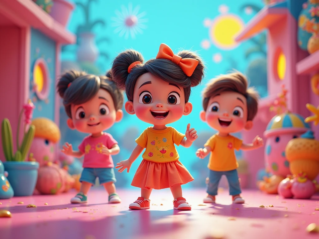 Generate four animated images: the first image is a kid girl playing yoyo, the second is a mother bringing couple of candy, the third is a father bringing chalk with different colors and the fourth is a kid just woke up in the bed.