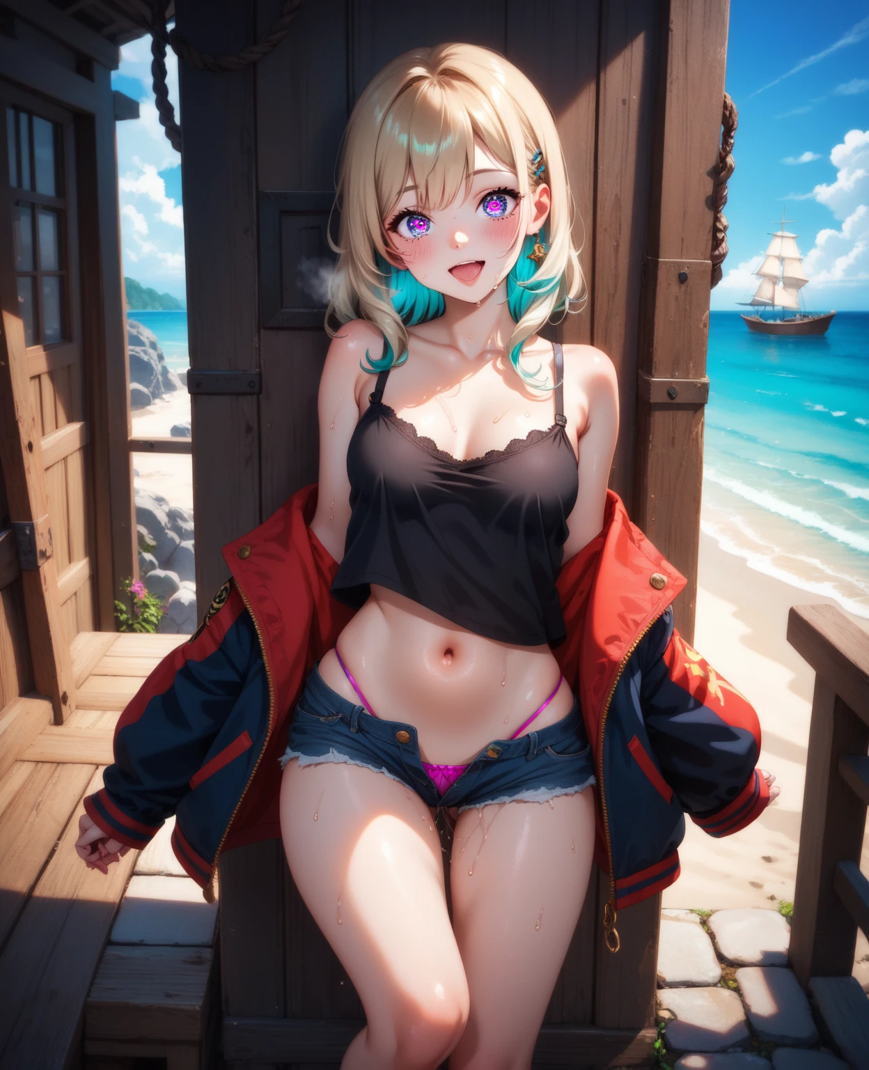 (masterpiece), best quality, over-detailed, illustration, 1girl, milf, mature, plum body, detailed lips, (gyaru), shenhe, blue eyes, braided ponytail, eyelashes, eyes visible through hair, eyeshadow, hair between eyes, red eyeshadow, curls, shenhernd, ((black sunglasses)), ((completely naked)), pubic hairy, sitting in a sun lounger, masturbation, ((she caresses herself with her hand in the crotch area)), sun lounger, best shade, depth of field, windy beach, (tan lines:1.1), inflatable ball, colorful drawings, intricate design