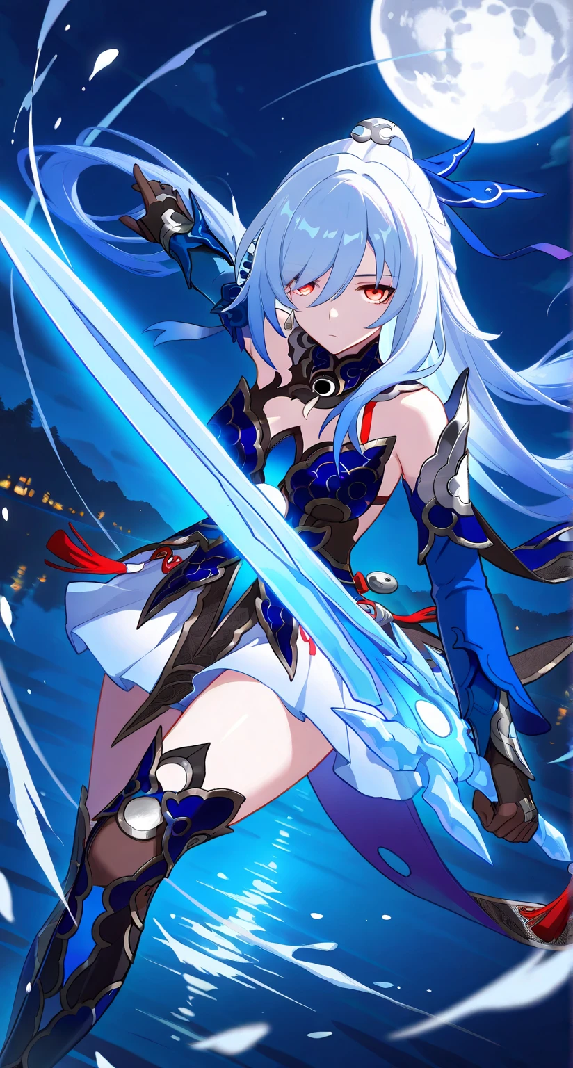 masterpiece,best quality,highres,ultra-detailed,Jingliu,alternate color,masterpiece,detailed illustration,lifelike,Jingliu(Honkai: Star Rail),shiny beautiful woman,moon light lighting,dynamic angle,dynamic pose,depth of field,1girl,red eyes,blue armored dress,white skirt,tassels,hair ribbon,black gloves,blue sleeves,armored boots,light blue skirt,lake,dark,night,dark night,darknight sky,full moon,whiteglowing ice saber (weapon),expressionless,holding sword,sword guard stance,slashing,ice saber (weapon) focus,looking at viewer,brave perspective