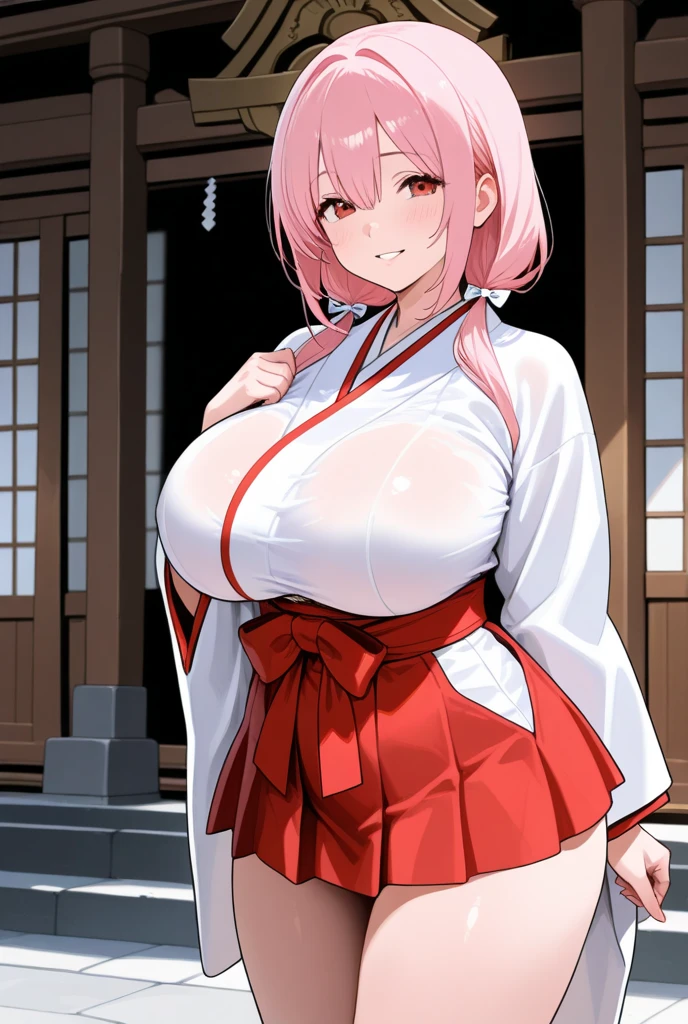 masterpiece:1.2, High resolution, Anime Style, nsfw, Japanese Room, night, Candlelight, male pov, Face Enhancement, One fox female, Yellow Eyes, Pale pink hair, Long Hair, ponytail, Pale pink fox ears, Pale pink fox tail, stand, Spread your arms, blush, Estrus, smile, ((huge breasts:1.4)), Curvy Body, Hami Breasts, miko costume, sleeveless, Hakama, Long-sleeved kimono, White Stockings, Micro Bikini, Thong,