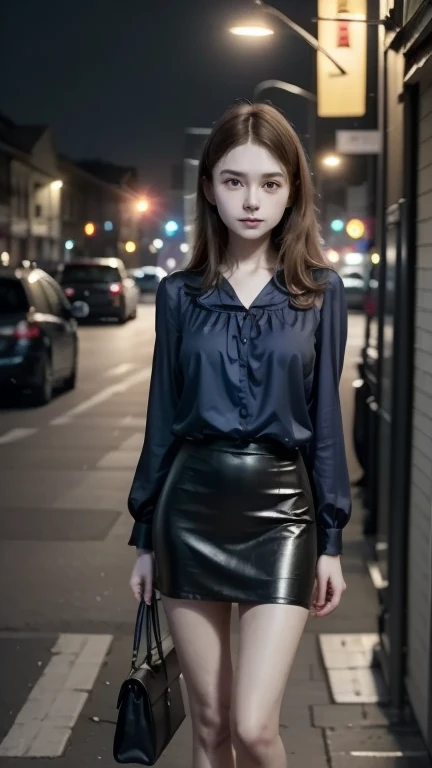 (((best quality))),1 female,slender face,(((arms behind))),(((cool beauty))),Black Hair,Brown Eyes,medium hair,straight hair,small breasts,looking at viewer,bed,25 years old,No pubic hair,Height: 160cm,(full body),blouse,Standing in a busy street at night,mini skirt,Provocative look,bangs