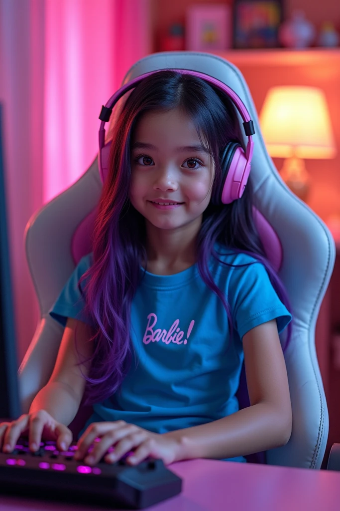 little girl who likes to play on her gaming computer, sitting in her colorful room with LED lights, she has dots on her face, brown eyes and curly hair, smiling and wearing braces on her teeth, with a headset in her ear and a joystick in her hand.