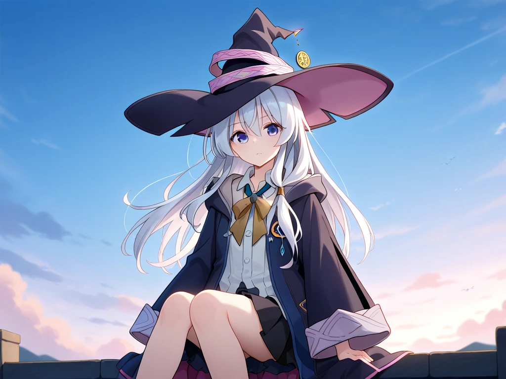 realistically, longhair, silver hair, brown eyes, glowing eyes, white short skirt, Blush, daytime, Wet from the rain, see through, sleeveless shirt, nipples, M leg, pussy, crotch, sexy smile, Sit with your knees raised., windy, elaina, riding the bloom, the skirt is turned up, The wind blew the skirt open., masterpiece, highest quality, very High resolution, (detailed and beautiful eyes), highly detailed face, perfect lighting, Very detailed CG, (perfect hands, perfect anatomy), hand pulled up, witch