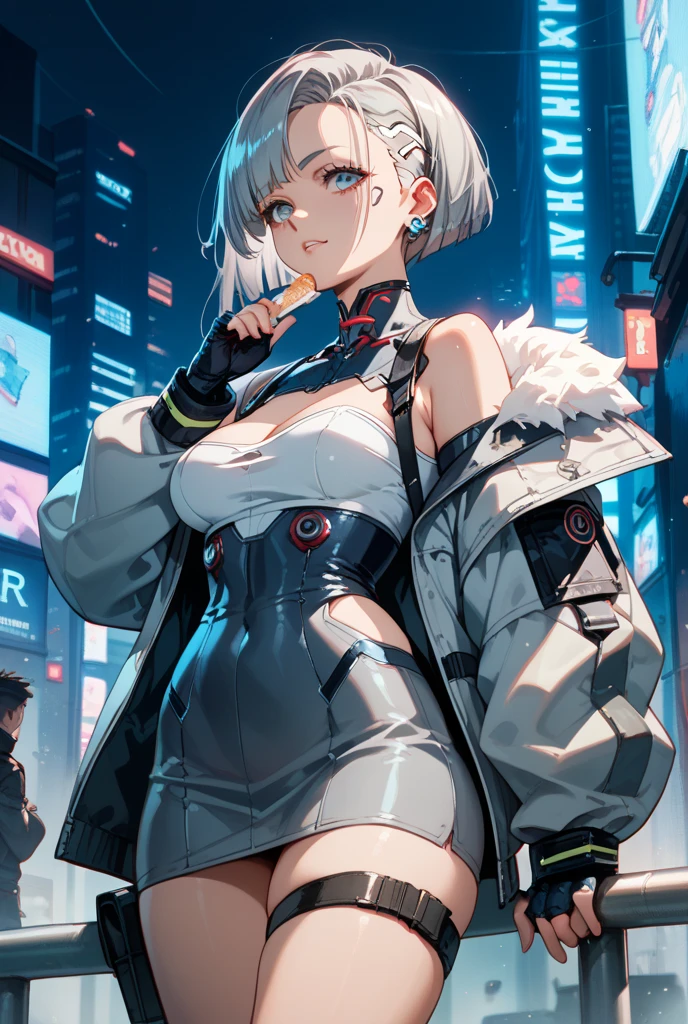 cute albino girl,(((1girl))),((anime albino girl with extremely cute and beautiful white hair walking seductively down the street)),
(small breasts:1.4),(((white hair:1.35,colored inner hair,ear breathing,small hair, tomboy haircut))),((heterochromia, eye1 white, eye2 aqua, perfect eyes, upturned eyes:1.3, beautiful detailed eyes, finely detailed beautiful eyes:1, big highlight on eyes:1.2, slanted eyes)), ((fat)),(((pale skin, lustrous skin:1.5,bright skin: 1.5,skin tanned,shiny skin,very shiny skin,shiny body,plastic glitter skin,exaggerated shiny skin))),(spider lower abdomen,narrow waist,wide hip,athletic body,inflated legs,delicate detailed fingers,detailed body,detailed arms,human hands, detailed hands),
cute,slutty,seductive,erotic,nsfw,
(((wearing white formal blazer,white pants,))), (((huge cleavage))), (detailed outfit,detailed clothes),
(dynamic pose:1.0), solo focus, embarrassed, centered, scale to fit dimensions, Rule of thirds,
outdoors, ((night view)), (cyberpunk night street Background: 1.5,dark sky,alleyway,lonely alley,thick clouds, detailed background:1.25),
(best quality), (high resolution), (sharp focus), (ultra detailed), (extremely detailed), (extremely high quality artwork), 8k_wallpaper, (extremely detailed CG 8k),(very fine 8K CG), ((hyper super ultra detailed perfect piece)), flawless, (((masterpiece))), illustration, vibrant colors, (intricate), High contrast, Selective lighting, Double exposure, HDR (High Dynamic Range), Post-processing, Background blur,