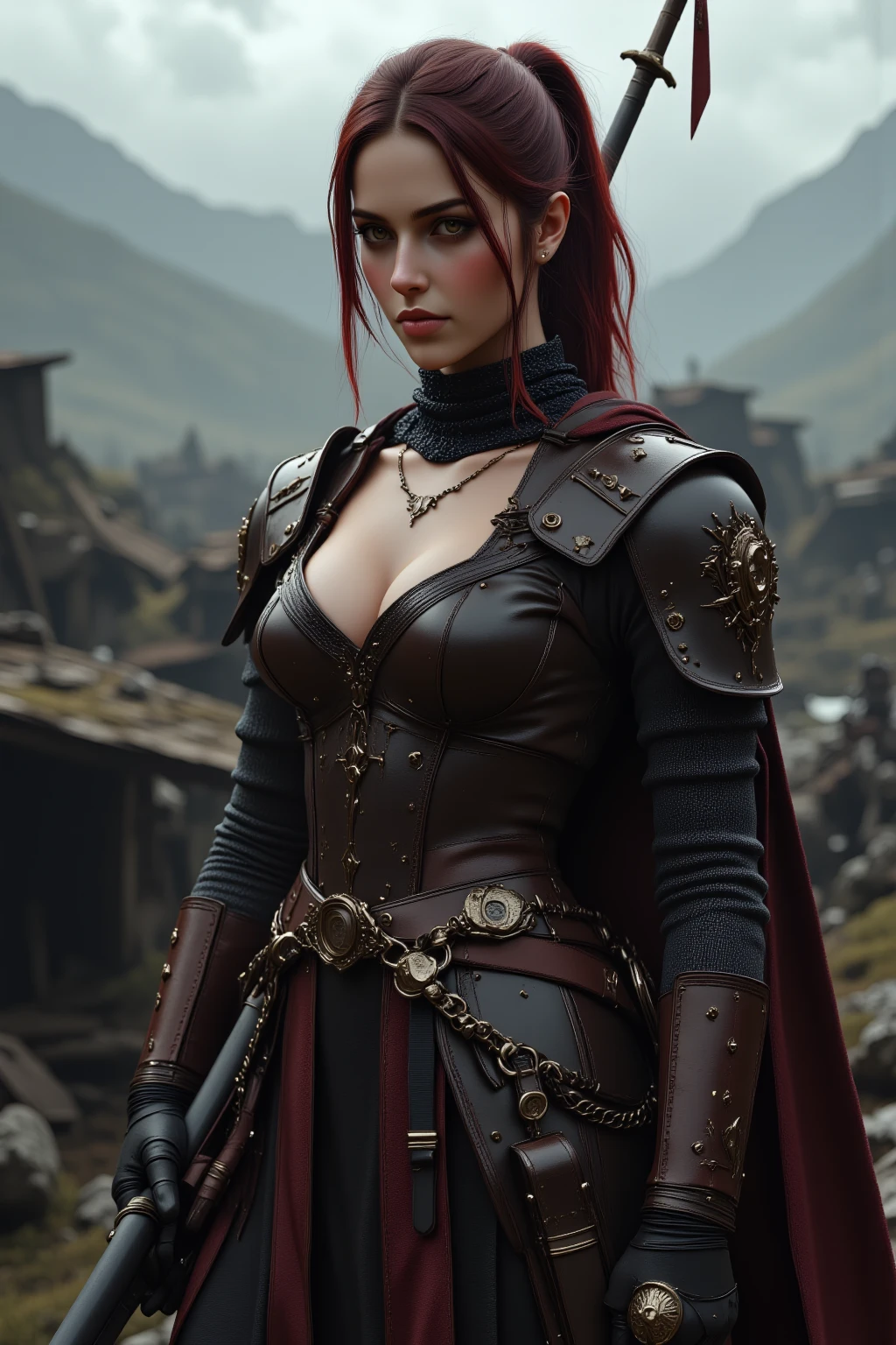 a one woman, 30years, redheadwear, yellow eyes, arched eyebrow, he would be, detailed leather clothing, red cloak, sword in the back, village background.