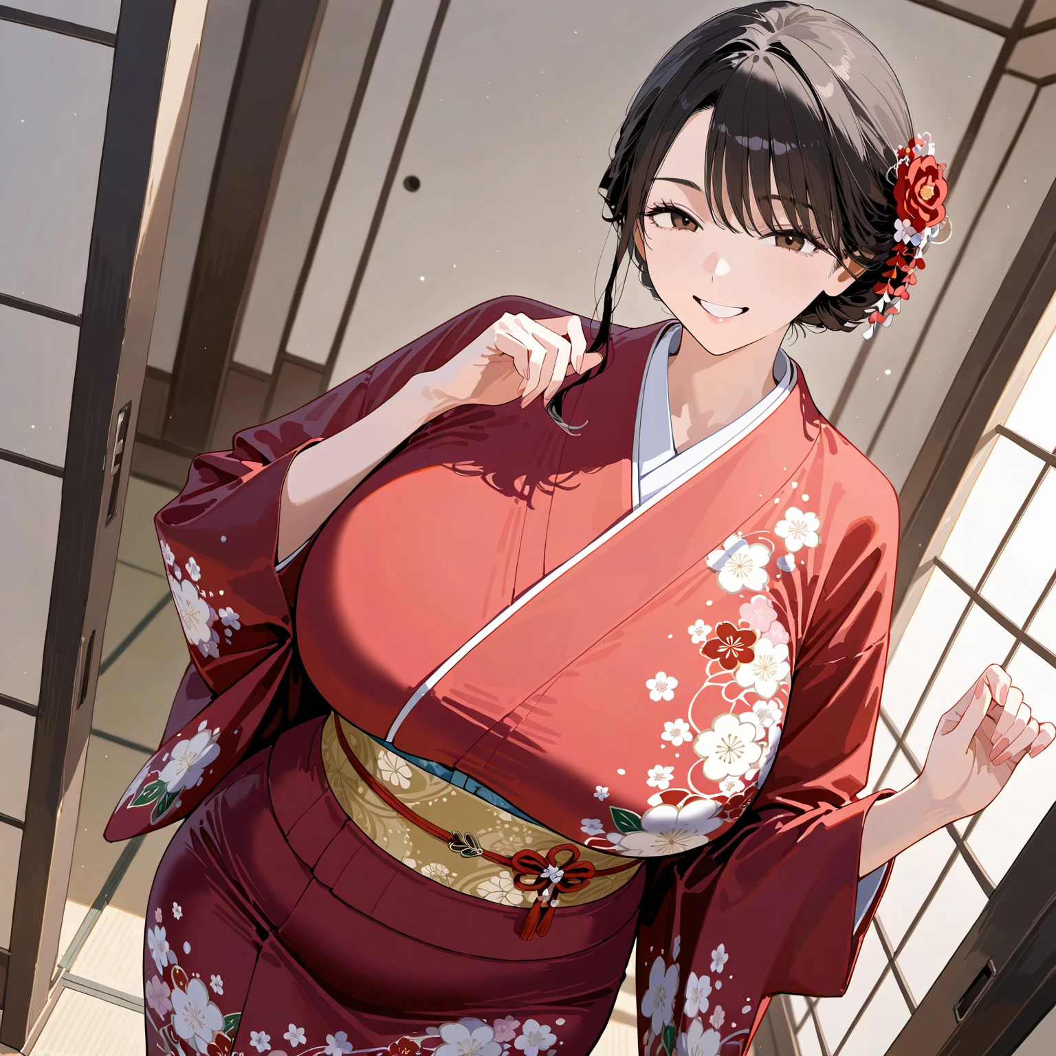 (masterpiece:1.2), ultra detailed, best quality, (mature woman, 40 years old, milf, cleavage, large breasts:1.2)Matoi,  kimono, hakama, geisha, smile, blush, looking at viewer <lora:MatoiTsunetsuki:0.5>