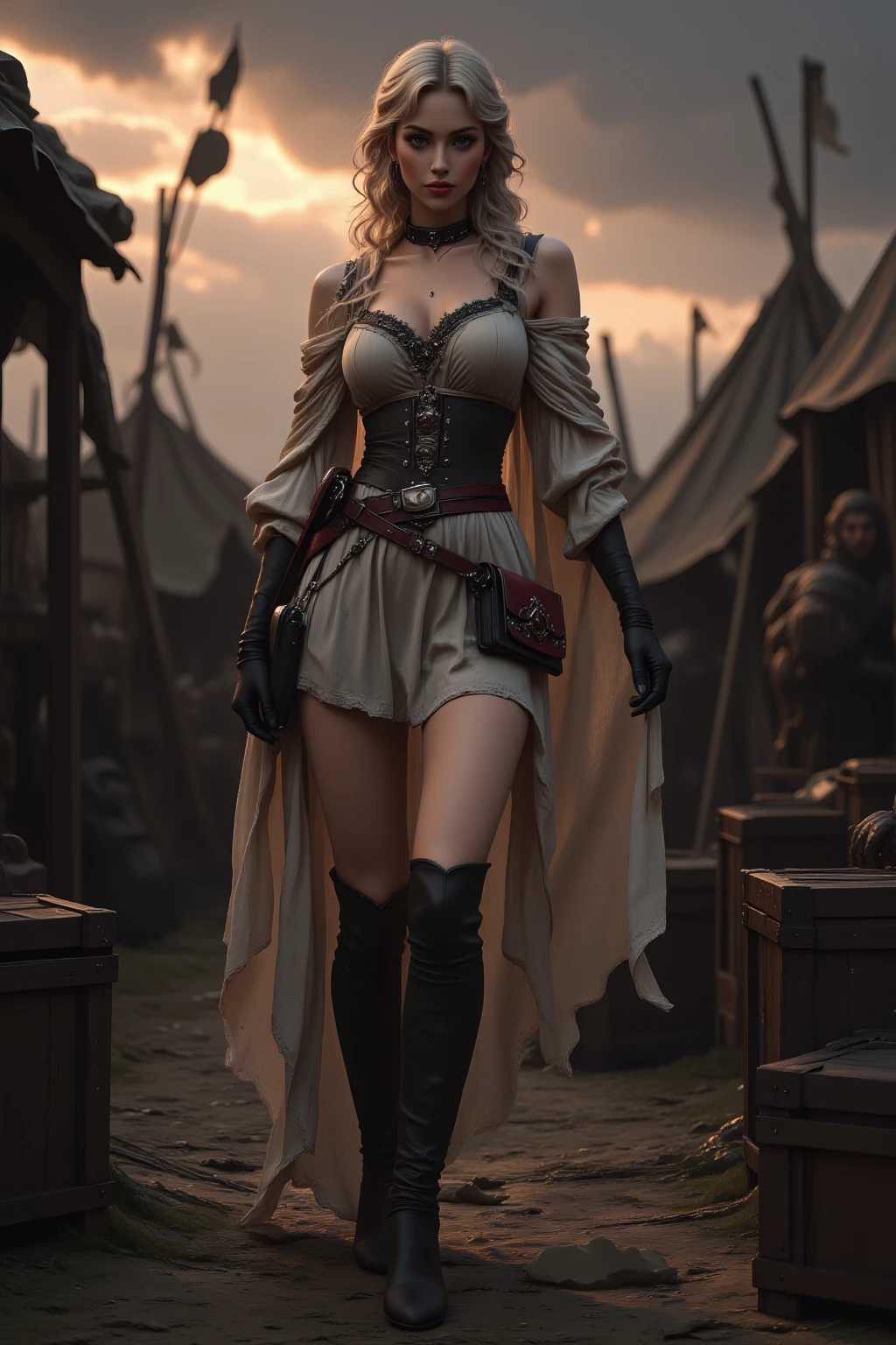 ((show full body from head to toe, standing, body facing to the viewer (show front body)). Tall body, fit body, slender body, big breast. A woman wearing wizard clothes, gloves, show boots, cloth, wizard clothes. short hair with updo. Masterpiece:1.5, illustration:1.1, best quality:1.5, fine detail, 4k, HDR, natural lighting, bright lighting, sharp focus, smooth detail, HDR. Outdoor at a town