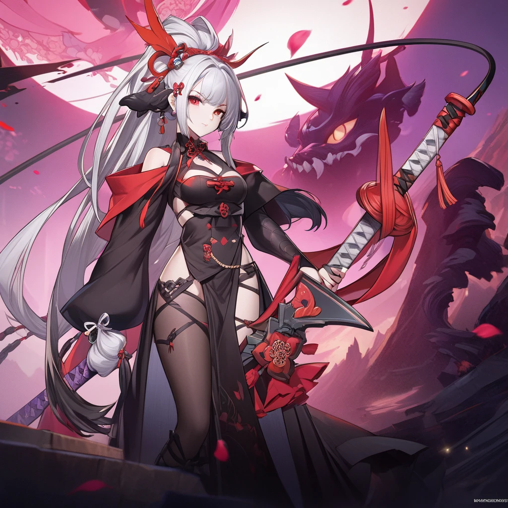 witch, wristband accessories, black long hair, elegant, huge boobs, big hips, long red dress, big neckline, fox ears, evil smile, demond girl, black manicure with gold, pony tail, long stockings, torn stockings, full body, purple and gold eyes, silver accesories, toe rings, night background, gold heels, red nails, red collar, demonic halo