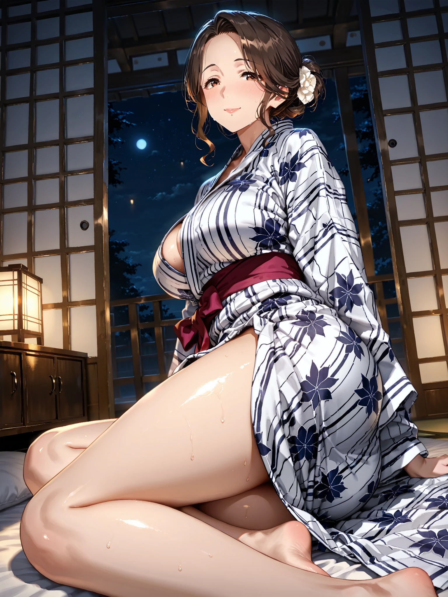 (Masterpiece, highest quality, in 8K, 32K, masterpiece, hehehe, super A high resolution, impressionist, photorealistic: 1.2), (A bright smile), ((completely naked)),((full nude)),(smooth skin),(cowboy shot, detailed face and eyes, ((droopy eyes)), (very young face),beautiful face, blur background, glowing skin,((closed mouth)),((slightly large breasts)),(erect nipples),((clear pussy line)) ,realistic student, beautiful face, blurred background, 18 year old beautiful girl, glowing skin, white scrunchie, side ponytail, black and beautiful hair, thighs thighs thighs, curves, sexy pose, ((dark brown eyes)), I'm in a hurry, very blushing, sweating, Seductive thighs, Soft body, big butt, 20 years old beautiful woman, blushing, black hair with a slight hint of brown, side ponytail, ((white scrunchie)), dark brown eyes, skin wet wit, ,night,moon light,((Japanese style room in ryokan, futon, night,)),((ceiling)),(white scrunchie),sitting