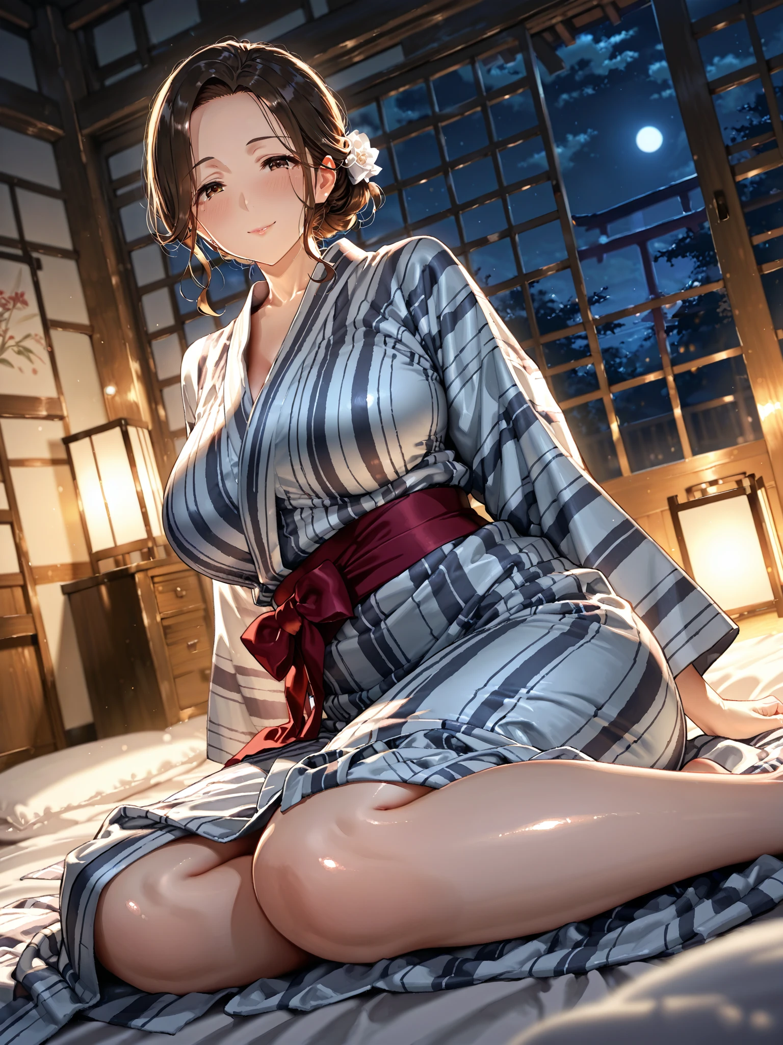 Beautiful woman in floral kimono、Small、You can see the red bra、Beautiful face、Strong-willed eyes、Medium long、brown haired、Tatami room、traditional Japanese room、8K picture quality、Best Quality、masutepiece, 超A high resolution, (Photorealistic:1.4), Raw photo)、High quality drawings、An ultra-high picture quality、ultra-quality、ultra-fine drawing、ultra-detailliert、Extremely detailed、Finely detailed、Realistic、Beautiful、Supreme Beauty、dark colored、natural soft light、Ultra-delicate images、Ultra-detailed details、Best Shots、The whole picture、Best Quality, masutepiece:1.4、
