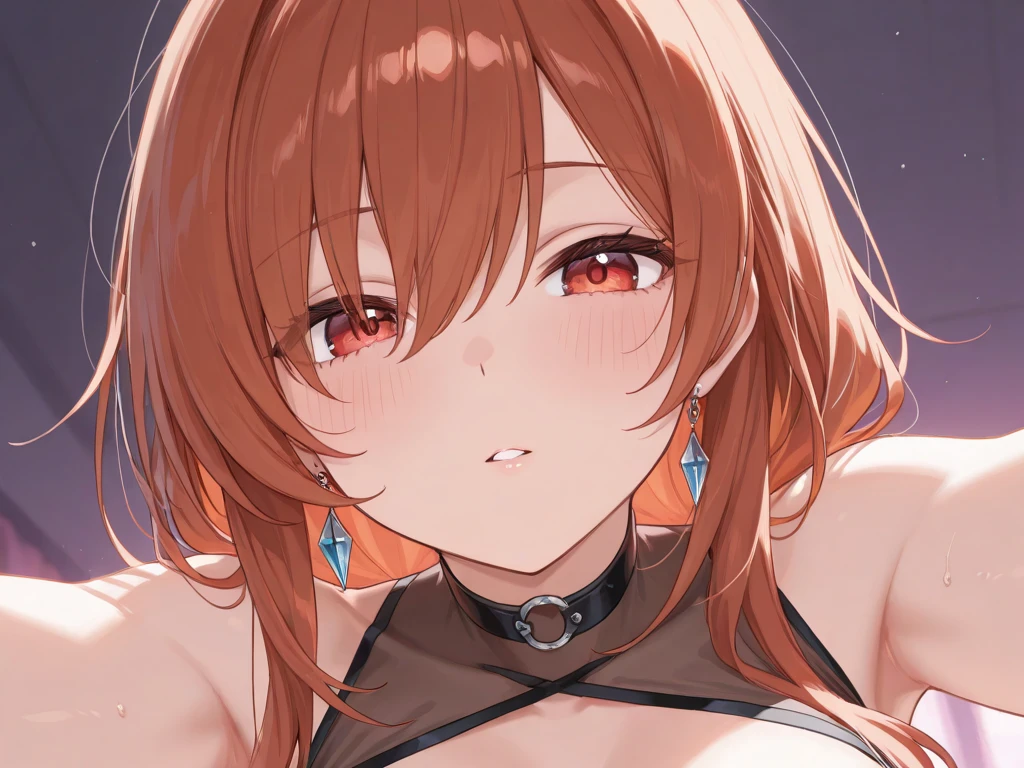 1 Female,High definition,high resolution,Ultra-realistic,8K, aki1, izayoi aki,choker,,solo, elbow gloves, gloves, jewelry, cleavage, necklace, black gloves,European,sexy,Upper body close-up,Photographed from the front,Dynamic Angles,blush, medium tits,large breasts ,((nipples)), cleavage , smile, facial, sweat, sitting,(top view),( selfie)