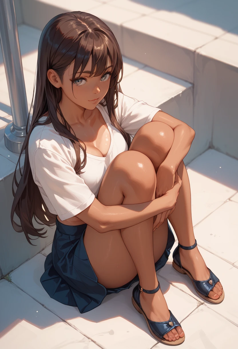 ultra-detailliert, hight resolution, (Realistic, Photorealistic: 1.4), 8K, Raw photo, (masutepiece), (Best Quality), physically-based renderingt, Female college student, long brown hair, Korea, Beach, Unbutton your socks and look at them_white_Shirt