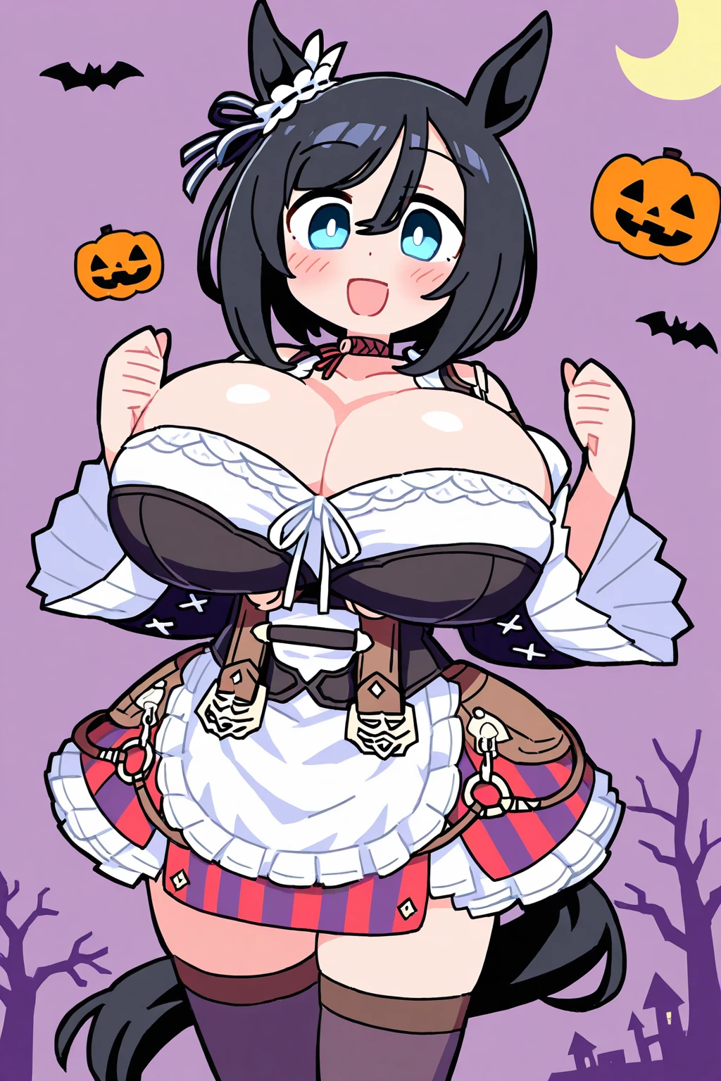 big lips, Brown hair, pink eyes, japanese face, improve, improve grin, two sides up, huge breasts, Wide hips, sexy, detailed, pink room, Hits, (evil smile1.4), kawaii, pleated skirt, halloween, GOOD, witch costume, witch skirt, witch shirt, choker, witch skirt, witch shirt, navel piercing,halloween, Witch hat