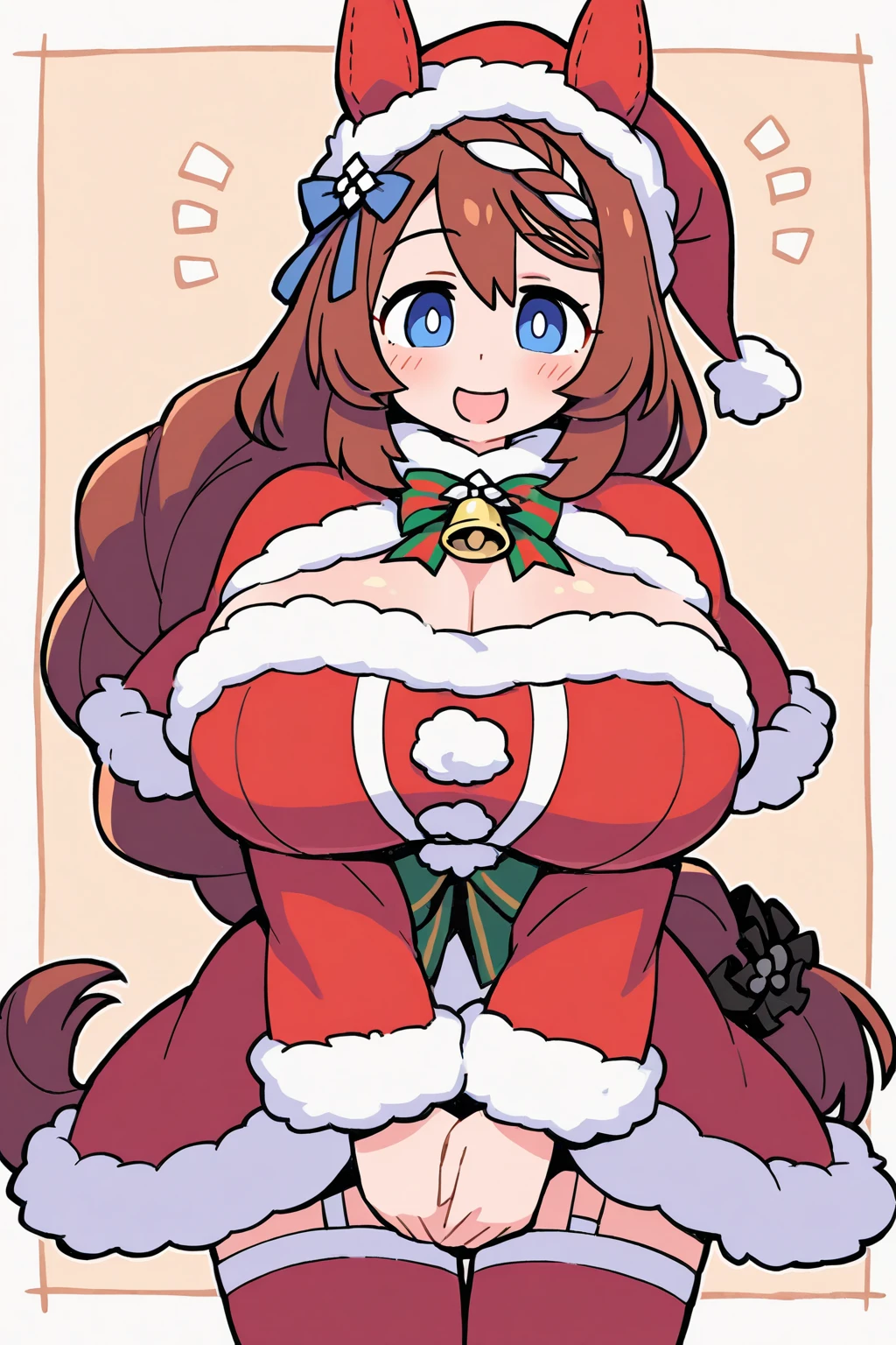 (masterpiece, best quality:1.2), christmas, snowing, solo, 1girl, hildaholiday, smiling, looking at viewer, twintails, hair flower, hat, fur trim, red dress, clothing cutout, fur-trimmed sleeves, white gloves, striped thighhighs, cleavage, outdoors, cowboy shot, upper body, (hands behind back), huge belly, massive belly, giant belly, enormous belly