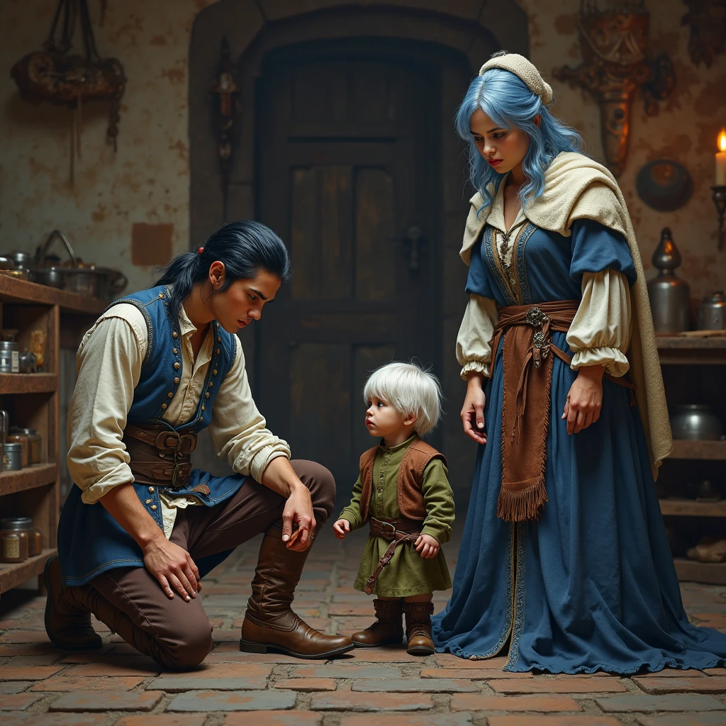 High fantasy, dwarf on right holding goblin on left, mythic background