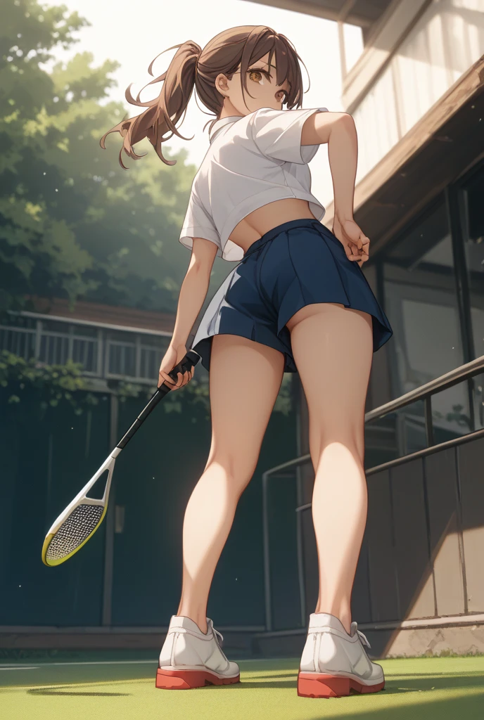 ((nsfw))、field、audience、Tennis court、((tennis racket))、exposed、blush、crying face、spread legs、wet、ponytail、ribbon、brown hair、love juice dripping