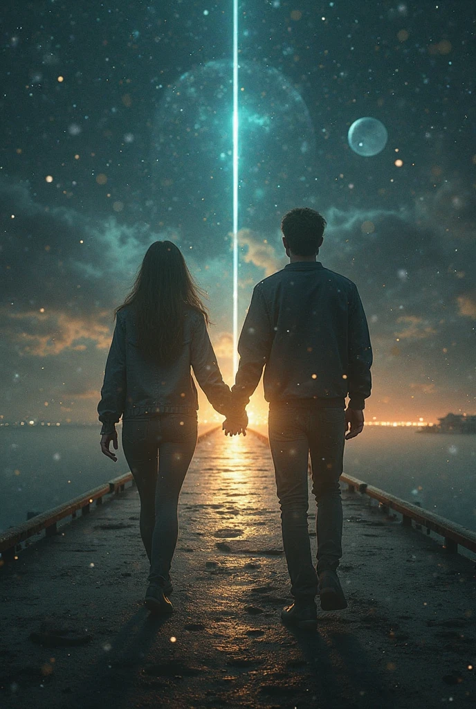 A couple of lovers, (a man and a woman) in love and holding hands walking on the surface of the moon, while contemplating the vast outer space with many stars and comets and with Mars and Jupiter in the background.