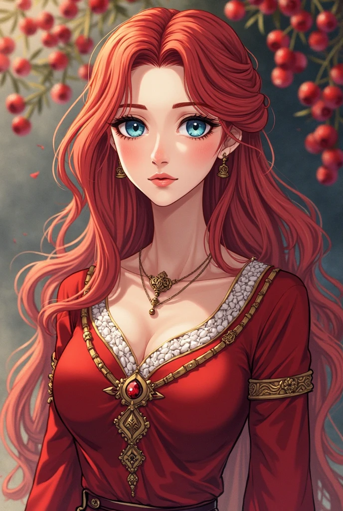 a beautiful woman wearing a red dress and a pearl necklace posing for a picture, 1girl, solo, realistic, breasts, long hair, cleavage, necklace, jewelry, blue eyes , red hair , ,smile ,crystalline dress,Pre-Raphaelite, Rubric Maxim
