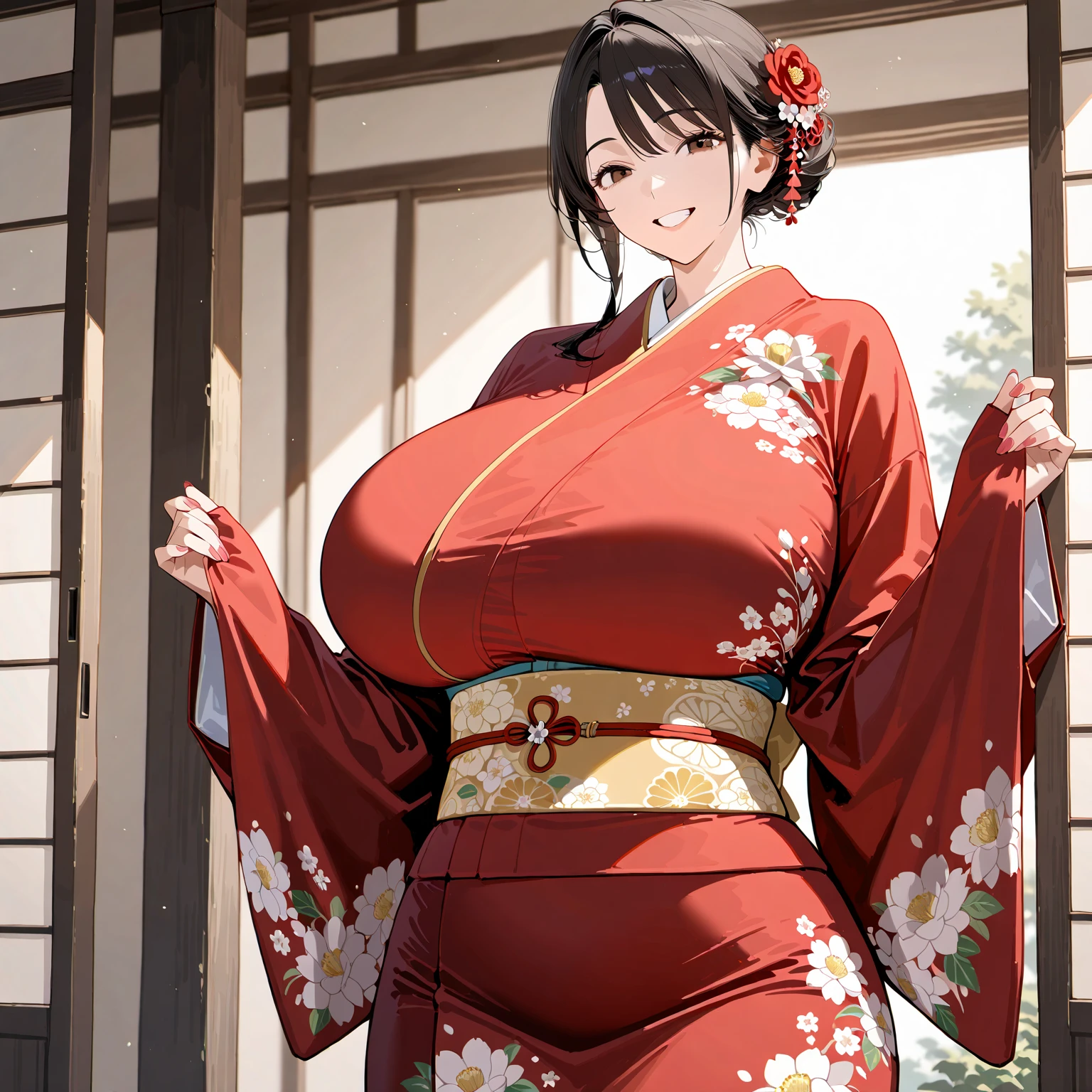 1womanl, (tmasterpiece: 1.3),Beautiful mature Japanese woman, detailed finger, beautiful hand, hyper realisitc, 1womanl, (Sagging breasts, Bewitching body: 1.2) brunette color hair: 1.1, Super detailed face, Detailed lips, Detailed eyes, 二重まぶた, Sexy low-cut neckline kimono, Open neckline, The large breasts are wrapped in a red leather coat, Side posture, visible curves,full body1:1