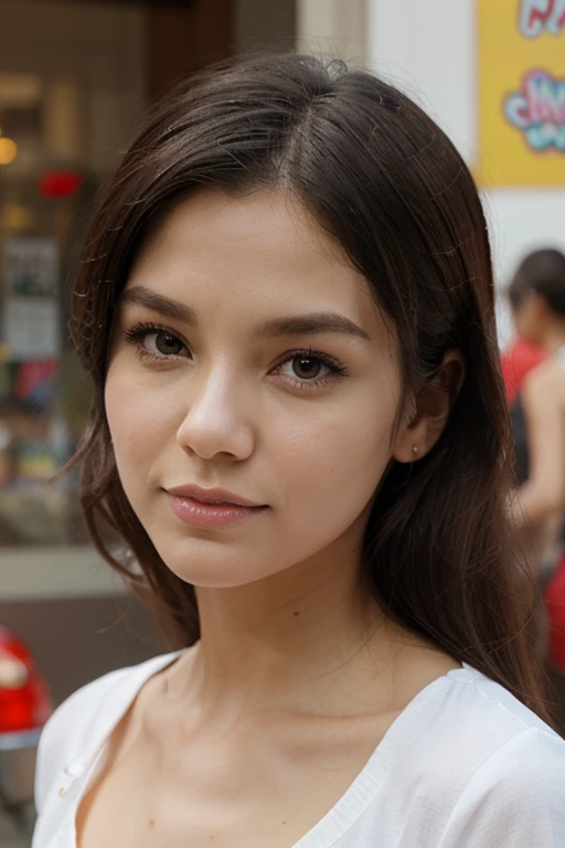 masterpiece, best quality:1.4, realisticlying:1.4, close up,1girl skinny with beautiful skin (bright skin), white Tshirt, sport jacket, shy smile, long hair, skinny arm, lovely eyes, afternoon, outdoor, Bangkok city street background,
