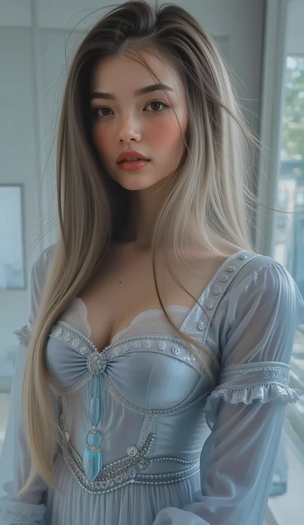 20 year old adult female, (realistic, photo-realistic:1.3),(best quality), (masterpiece), (highres),an_extremely_delicate_and_beautiful,shiny skin, shiny body,milk skin, BREAK, ((light grey straight hair)), (blunt bangs:1.1),long bangs, (light grey hair:1.3), Graceful hair , (super long hair:1.3), Hair flowing gracefully, BREAK, (large eyes:1.1), mole under eye , (white fox ears:1.3), big breast,
