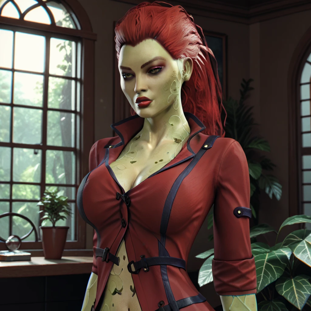 <lora:poison_ivy_arkham:.6>, poison_ivy_arkham, masterpiece, best quality, 1girl, solo, outdoors, blurry background, realistic, depth of field, night, city, gotham city, mature female, gothic architecture, dark setting, standing, toned, 4k, 8k, artstation, vines, leaves, plants, plant girl, colored skin