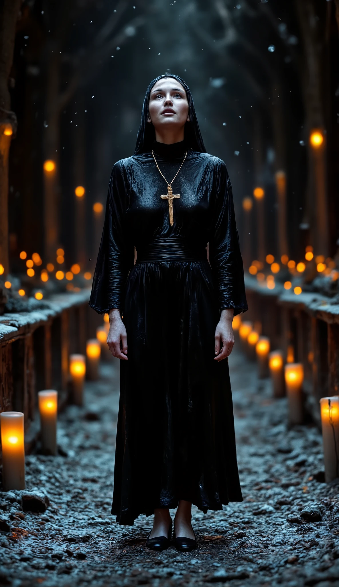 Epic realistic portrait, Black and white photography, 25 years old scantily clad sexy sad nun looking up on right side into heaven with jesus on the wooden cross necklace on the chest, warmth of breath exhalation from nose and little open mouth, goose pimples, in open cathedral, one leg visibly from the suit, more sweaty in face and body naked nun under a wet torn dirty in the typical habitus, in the winter with snow more fog volumetric lights more fire torch and candles some with raising dark smoke, full body, Hasselblad X2D 100C, looking into the lens, in the night and dark corridor, focus f=1.2, more stars bokeh, distance=25 ft, epic backlight, looking into the lens, light from above to down and face. 8k nordic woman... --ar 9:16