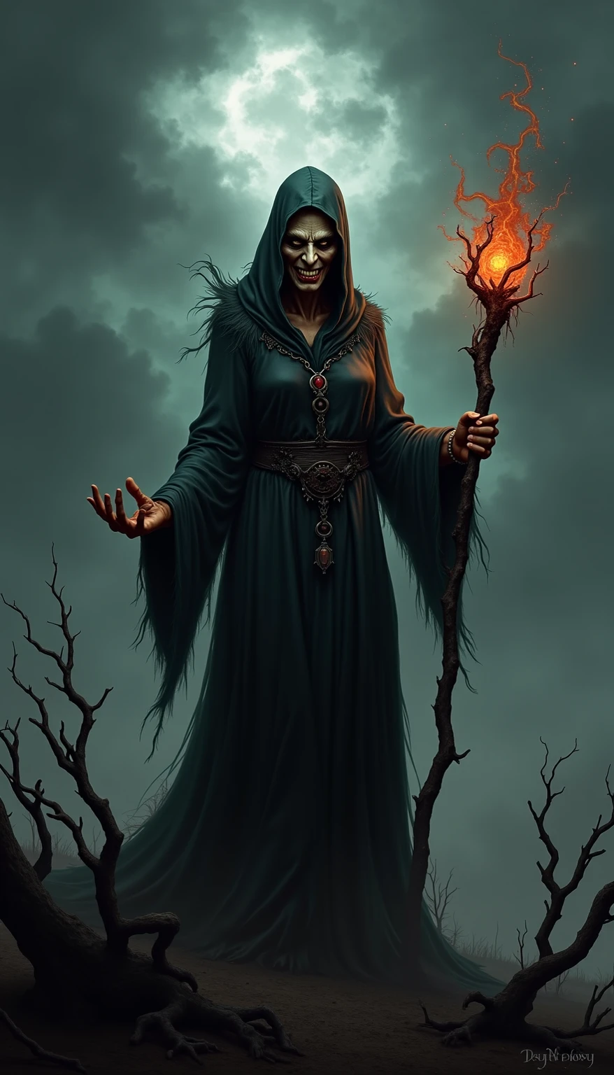 Creat a image of evil witch with black hair and both hand raise up and it creat in like minecraft character