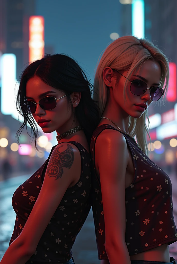 "(masterpiece, best quality, 8k, sharp focus, depth of field, best shadows, perfect lights, HDR, realistic skin texture, ultra-detailed background, detailed)", anime style, 2 women dancing (one of them has green eyes, white skin, black hair with ponytail, choker, small breasts, slim, makeup, eyeliner, glow), (the other woman has blonde hair), at a night club, cyberpunk theme,  Cyberpunk City.