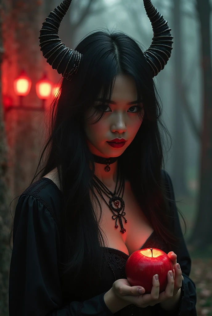 Woman, very long black hair, long horns, angry face, burning forest on the background, black dress, chains on the neck