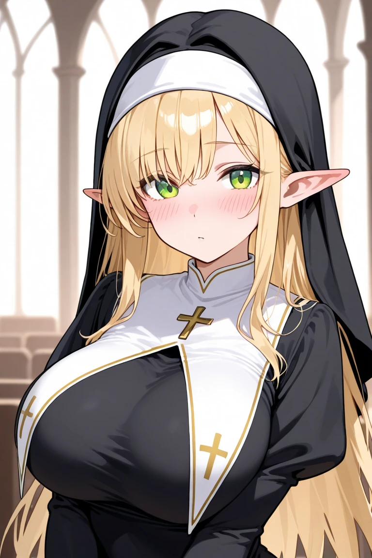 masterpiece, Highest quality, Official Art, Highly detailed CG Unity 8k wallpaper, Detailed Background, (Handcrafted by Guido Daniele), (Finger details), Mature Woman1, (Curvy), (Nuns), (standing in church), (Nuns gown:1.12), (Chest curtain:1.4), (Nuns skirt:1.11), (White Garter Straps Garter Belt:1.12), (Blonde long hair:1.12), (Hair intake:1.12), (Green Eyes:1.2), blush, (Loving smile, holy smile), ((Huge breasts:1.5、Sagging breasts:1.5、Long Breasts:1.3、sagging breast:1.5)), Tight waist, Shiny skin, (Cross Necklace), indoor, (Sacred Scene), (church:1.11), (Sunlight streaming through stained glass),Mature Woman、((sit、足を広げてsit))、Monastic Clothes、White panties、Photographed from diagonally in front、Confessional Pose、Clasp your hands in front of your chest、Close-up photo of the chest、naughty face、heavy breathing、breast focus、Provocative smile、handjob、Sticking out tongue、penisを手コキ、(penis、penis)、両手でpenisを手こき、(Blowjob,fellatio)