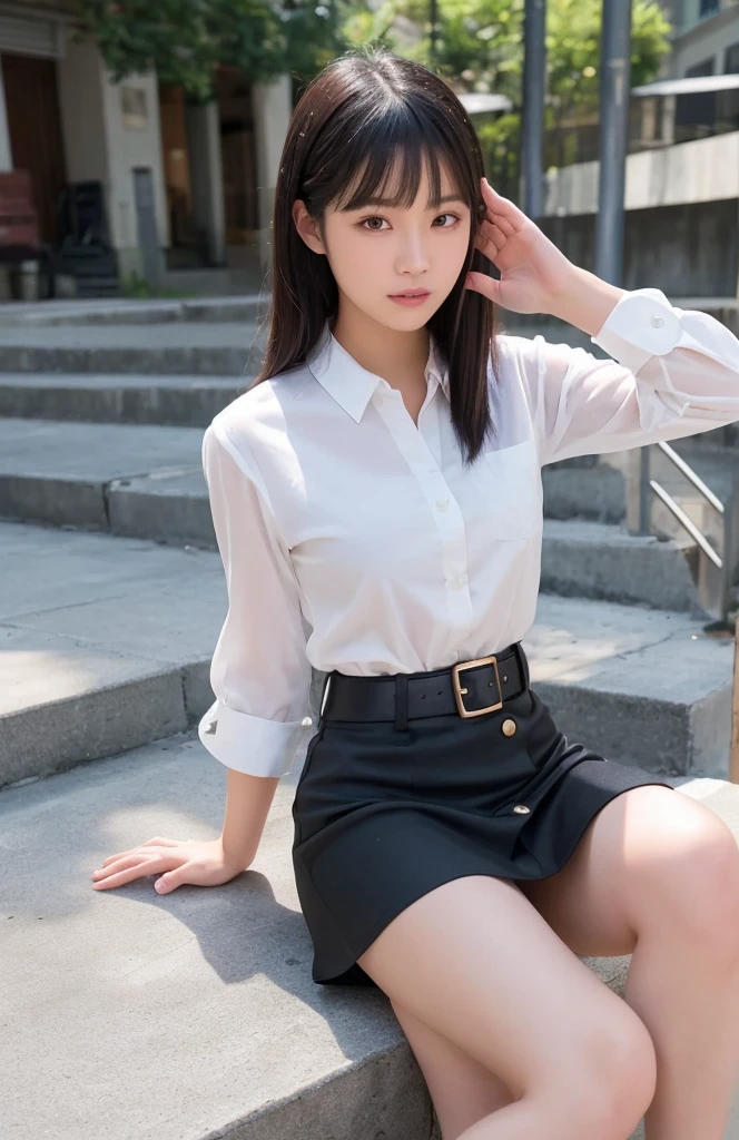 Show the whole body, The feet are in the field of view, 1 girl asian, Sitting at the table in the classroom,shinny hair, black hair color hair, ponytail haircut,light smile, the shy, glowing light eyes, In a white blouse shirt, There are no buttons,Pleated skirt in blue color, The skirt is turned up,Expose panties,No bra, very Bigger breasts,Lengthen the legs,The legs are partially open,the feet_focal,no shoe, Endless realism, 8K, super detailing, tmasterpiece, Best quality, hyper HD, A high resolution,Foot perspective shot,head looking up