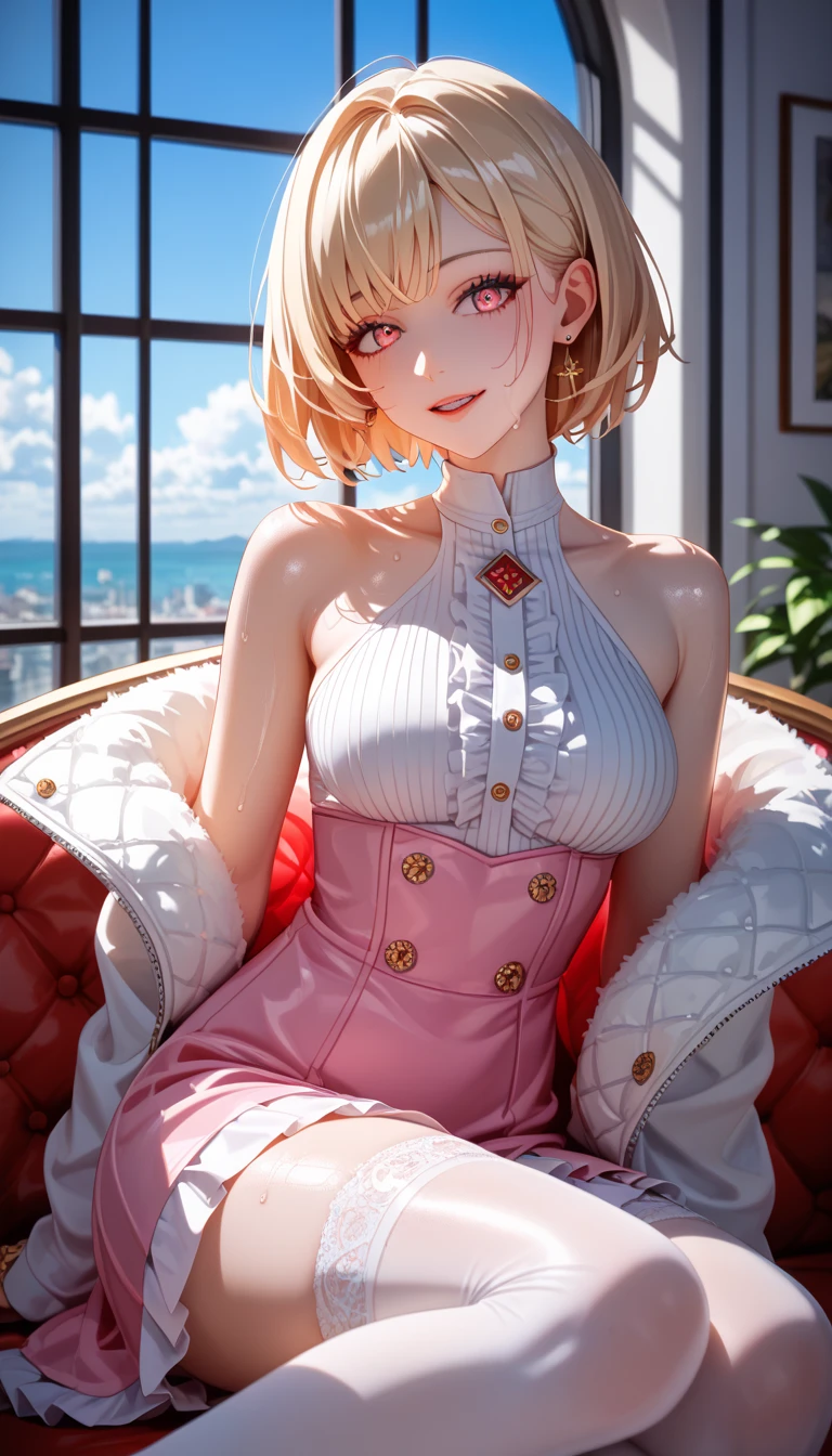 Dynamic posing, dynamic angle, Arrange pose,Top quality work,Show Legs,((short wavy Creamy Golden Blonde hair)),(Creamy Blonde hair),(short hair),(wavy hair),(golden eyes), lovely red lips, Rose cheeks, Pretty Face, A perfectly proportioned face, (casual home clothes), white stockings,in her room,full-body view, amazing, Large round chest、Beautiful eye details、Beautiful eyelashes、beautiful double eyelid, with blush cheeks, talking to viewer