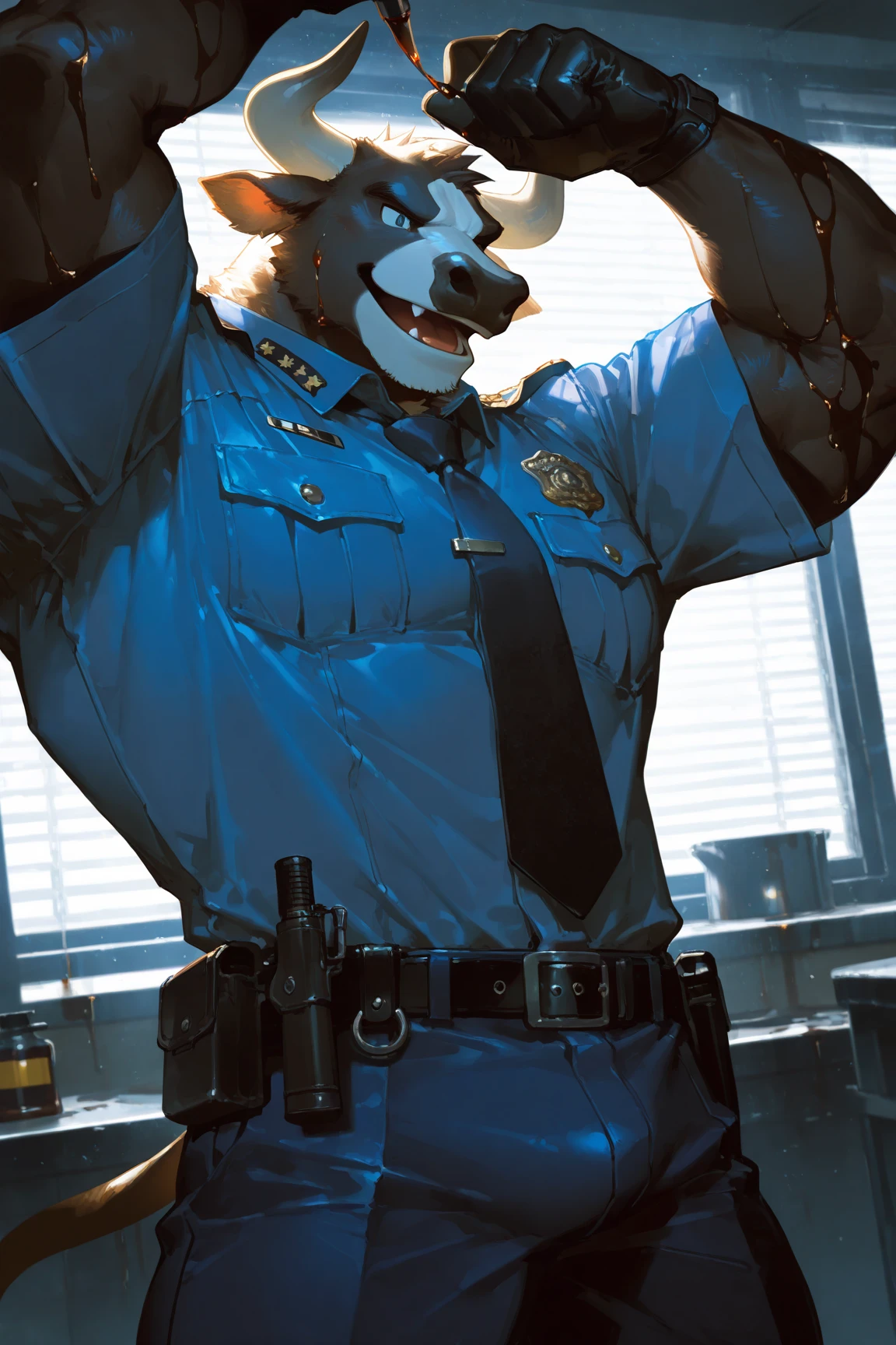 Chief Bogo from the Disney movie Zootopia、Muscular、Huge penis、(Anal Sex)、Massive 、Wide open mouth、Blindfold、Cumshot on face、Cumshot from some guy in uniform in the face、Surrounded by huge, red and black erect penises。