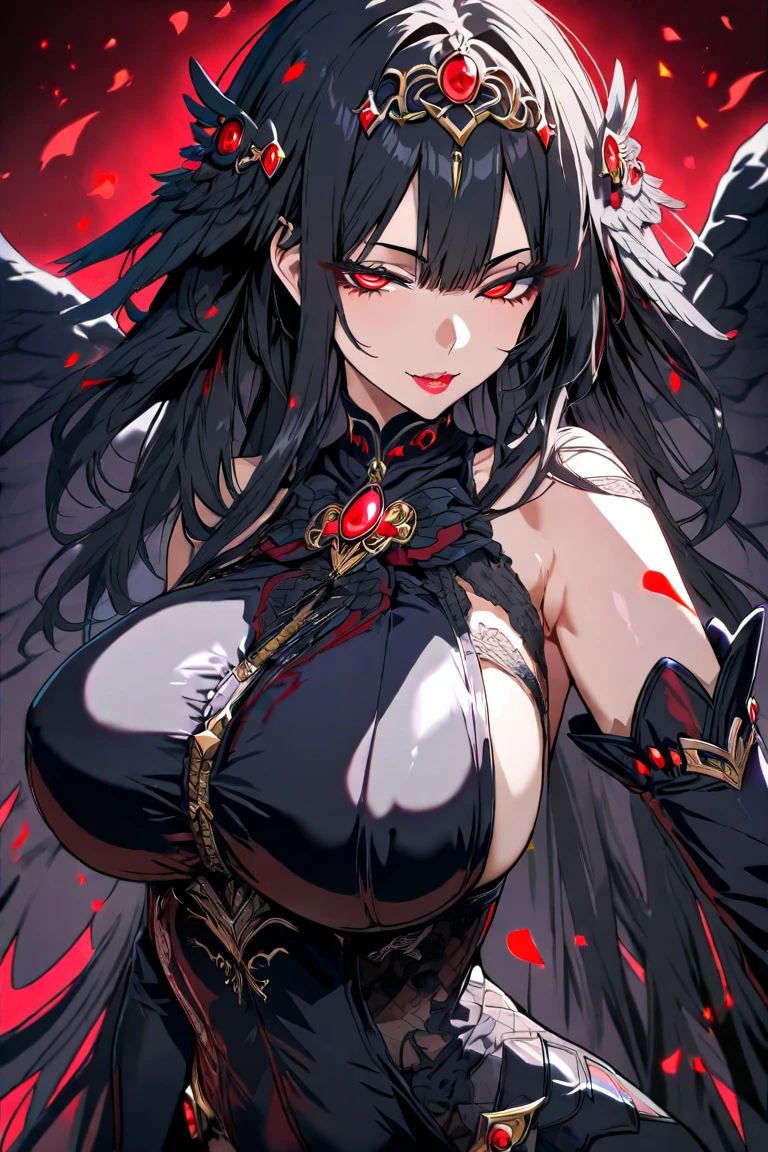 masterpiece:1.2, 1 woman, 20 years, dark souls style, woman in gown, Cinematic goddess close-up, cinematic lighting, (Best lighting) huge breasts, black hair, shadows, massive breatsss, SFW, covered, milf, seductive look, smile, mole, looking at viewer, extremely detailed, fine art, coloured. clothes, red eyes, dress, teacher, fantasy, sole woman, tight clothes