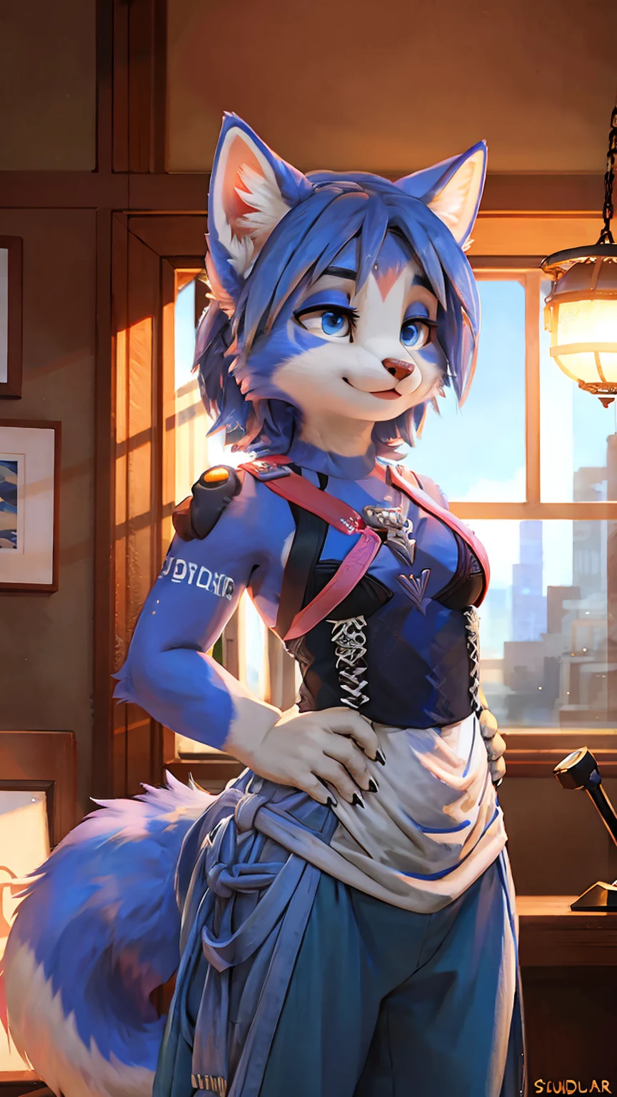 A beautiful and detailed (sweet portrait) wa ((krystal)), Star Fox krystal, sslim, green eyes, medium breasts, (((Long blue hair 1.3))), Decollete, look up, anthro, furry, Uploaded E621, detailed fluffy fur, (wa Fluff-Kevlar, Bayard Wu, personalize me, Pino Daeni), detailed face, (fluffy), 1 girl, alone, sweet girl, blue overalls, Viewers look at, smile,
