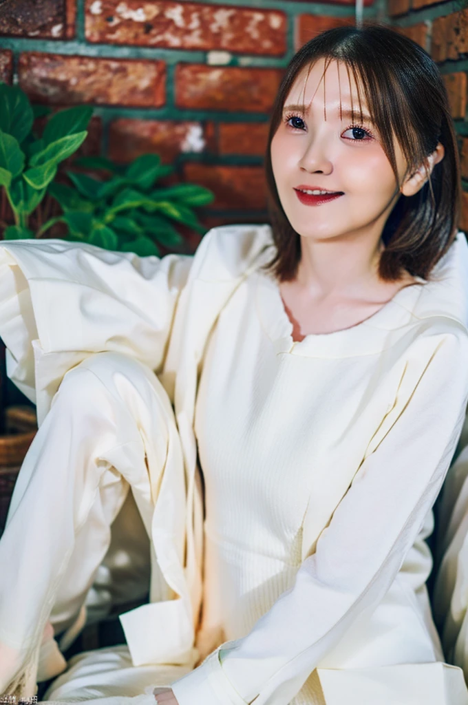 ((Best Quality, 8k, Masterpiece, Portrait: 1.3)), Photorealistic, Sharp Focus, (looking at viewer), 1 Beautiful Japanese Milf, Clothes with Cleavage View, 30 Years Old, Wavy Hair, ((double eyelid, eyelash, lip gloss, Wrinkles at the Corners of the Eyes:0.6, thick-thigh:1.3)), ((wearing white Tshirt, baggy-very-short-pant)), accurate anatomy, perfect prpportion, ((sit with open your legs wide:2, show crotch)), (loose waist:0.75), darkness floors,(open mouth:0.7), (frown:1), (smile:1),