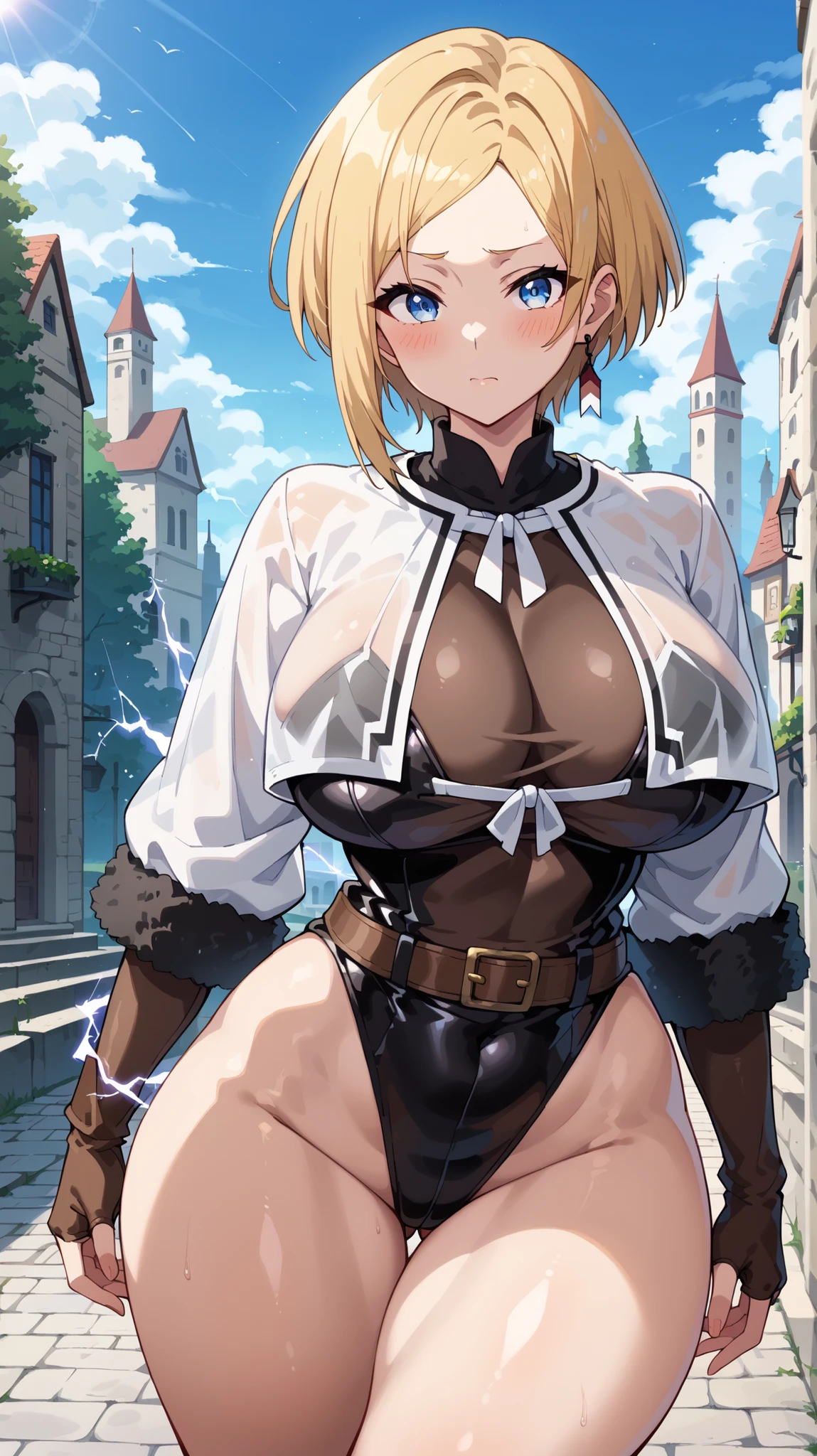 Venus Body, a girl, alone, big breasts, hips, wide hips, thick thighs, high thighs, blunt, blushing,,,,,,,,,,,,,,,,, pale skin, blush, big breasts, curvy, groin, see-through, kinky face, big thighs, strong breasts, Venus Body, a girl, alone, big breasts, hips, wide hips, thick thighs, high thighs, blushing, big breasts, big thighs, marked line,,,,,,,,,,,,,,,,,,,,, (outdoors, sky, clouds, sun, looking at viewer, absurd, energy, aura, electricity,,,,,,,,,,,,,,,,,,,,,,,,,, blushing, blonde hair, blue eyes, short hair, single earring, layered clothing, short jacket, white jacket, brown shirt, black leotard, fur-trimmed sleeves, brown gloves, belt, , standing, facing viewer, outdoors, medieval, city, stone, tree, painted background,...