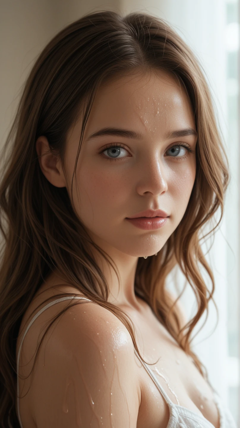 Solo, 1girl, masterpiece, best quality, extremly detailed, Cinematic lighting, intricate detail, highres, official art, finely detailed beautiful face and eyes, high resolution illustration, 8k, dark intense shadows, overexposure, [blonde hair/brown hair], single braid, blue eyes, photography of a  woman, perfect face, masterpiece, ((best quality)), ((masterpiece)), (detailed), perfect face messy sweaty naked beautiful girl hair face drenched in cum face completely splattered in cum skinny body beautiful eyes every inch of her face and hair completely drenched in cum legs spread