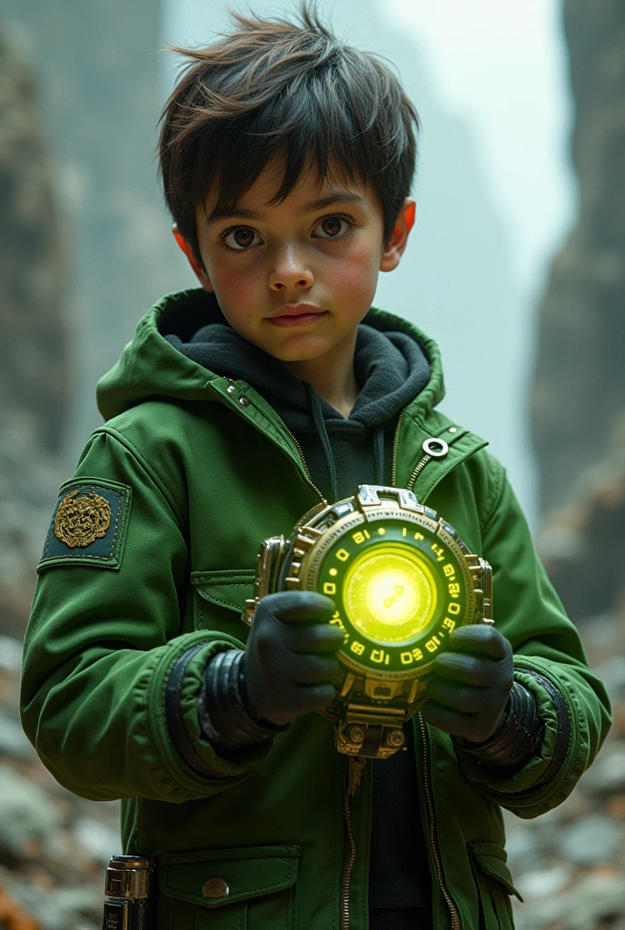 1boy,Baby boy , wearing scratched and dented space marine gear, little aged, short copper hair and beard, green eyes, inside spaceship cockpit, electronic circuits hanging loose in background, flashing control panel in foreground, science fiction, action, dark, tools on floor in background, dark red lighting, high contrast, shiny skin, backlighting, bloom, light sparkles, chromatic aberration, sharp focus