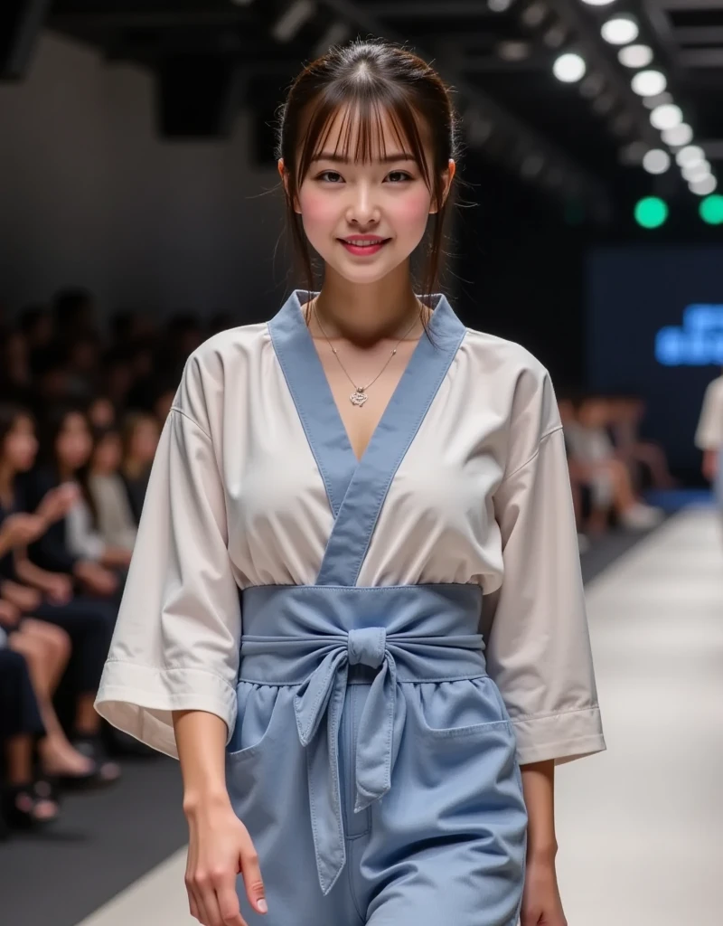 (8k、RAW Photos、Highest quality、masterpiece:1.2)、(Highest quality、Realistic)、1 Girl、((Yellow and white kimono、Japanese style、mini skirt、Floral、band、Idol Costume、ribbon、See-through、Thin legs、whole body、boots、garden、View from the front、Looking into the camera、Stand with hands on hips))、cute