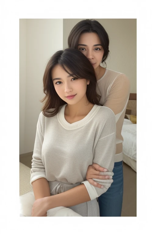 The image depicts a scene featuring a Japanese woman around 50 years old, with semi-long light  brown hair and a chubby yet well-proportioned figure. She is seated on a bed, wearing luxurious white underwear paired with thin white pants. The focus is on her beautiful face, showcasing a kind smile and a mesmerizing gaze. The setting is indoors, with wooden flooring visible, and the lighting features diffused sunlight, creating a soft bokeh effect. The overall atmosphere conveys a sense of warmth and elegance, highlighting the woman’s sensual yet graceful appearance.((True Person))