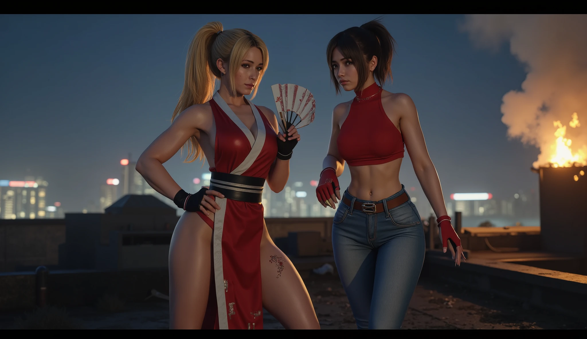 Ultra realistic cinematic live-action shot of Blue Mary and Mai Shiranui, standing side by side on a dimly lit rooftop at night. Both are visibly exhausted after a hard battle. Blue Mary wears her signature red crop top, fingerless gloves, blue jeans with brown belt and holster, and short blonde hair tousled by the wind. She's breathing heavily, one hand on her knee. Mai wears her traditional red kunoichi outfit with white trim, red and white ribbons on her thighs, and a long white sash flowing. Her outfit is slightly torn and singed from battle, and she holds her open fan loosely at her side. Her long brown ponytail is disheveled. Both women are bruised, their expressions tired but defiant. The rooftop is littered with debris and glowing embers. Behind them, the South Town skyline glows faintly through light fog and smoke. Cinematic lighting casts dramatic shadows and a soft halo around their figures.