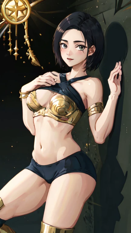 One Girl, A girl is posing for a photo, pretty girl, Enchanting girl, Beautiful Anime Girls, (((A young, short ))),
((Black Hair, Bangs that expose the forehead:1.4, Very short back hair:1.4), (blue eyes)), BREAK
(Exposed(Gold ornament on a black background)Armor of:1.4 + belly button:1.4 + (Gold ornament on a black background)Gauntlet of:1.4 + (Gold ornament on a black background)Armor ofの肩当て:1.4 + Armor shin guards:1.4, Armor boots + red cape), BREAK (Gold headband:1.4, Wears a shield embedded with a red gem, Holding the hilt of a sword),
((Gold hoop earrings)),
BREAK Sensual,((Small breasts)),
BREAK
(Beautiful Hair, Shiny Hair, Shiny Hair)),
(Double eyelids, Long eyelashes),
(Expression of fine eyes, Beautiful and delicate eyes, Sparkling eyes, Eye Reflexes),
(Beautiful Nose,Thin Nose), (Human Ear),
(Glossy Lips, Beautiful Lips, thick lips),
(Symmetrical facial features, Perfect Face), (Beautiful breasts), (Detailed skin, Oily skin, Textured skin, Glowing Beautiful Skin),
BREAK
(((Embarrassed)),
BREAK
((Fantasy World:1.4, night + I can see the stars and the moon + Castle Garden:1.4, Facing the viewer:1.4)), ((Angle from the front, Cowboy Shot:1.4)),
BREAK
((Ultra-high resolution)), (((masterpiece))), (((highest quality))), ((8k)), (Attention to detail), (Beautiful sparkle), (High detail), (Anatomically correct)),
((Realistic)), ((The best CG)), Highly detailed art, CG illustration, ((Line art)),