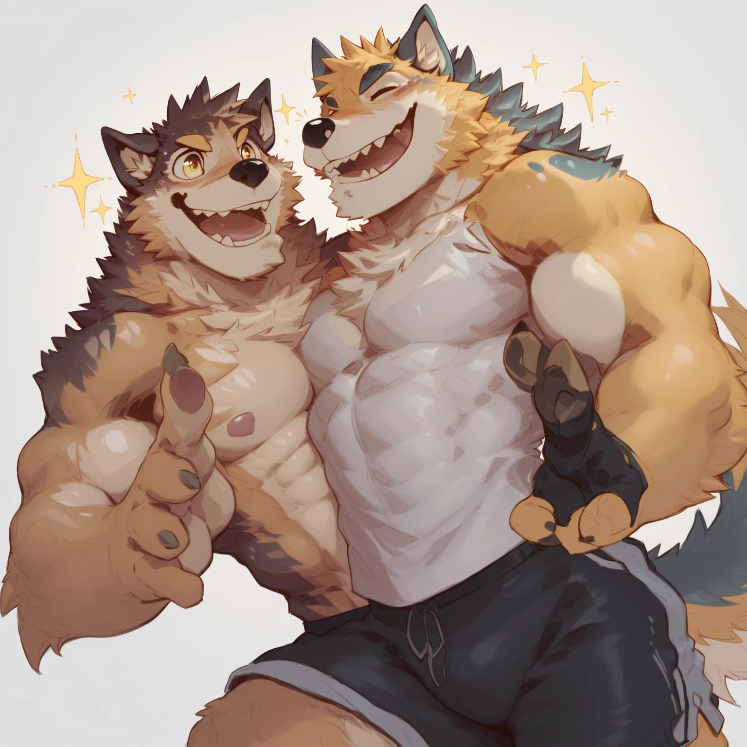 4k, high resolution, best quality, perfect colors, perfect shadows, white background, 2boy, mature male, 40s, bara, beard, thick eyebrows, furry, wolf, tail, shirtless, shorts, long hair, masculine, blushing, shy, smiling, laughing, hugging, love, gay love, yaoi, muscular, huge muscles, muscular ass, broad shoulders, navel hair, pectoral hair, huge scars on body,resting chin on anothers shoulder, masterpiece, full-body shot,(best quality), good anatomy, (chubby:1)