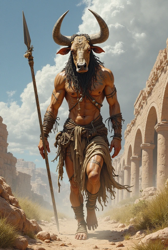 (absurdres, masterpiece, best high quality image epic artwork, high fantasy genre, carefully detailed image, carefully detailed textures, animalistic character, fantasy animal artwork, anthropomorphic, real animal features, solo animal character, full anthro animal body view)
{{((1anthropomorphic-animal: adult male minotaur: ((brown bull head, real bull face, bull grey eyes, bull's black nose, brown bull ears, brown bull mouth, bull lips), (minotaur male muscular bull body, bull's brown fur, brown bull arms, brown bull hands with five brown finger hooves), (brown bull strong legs, brown bull feet-hooves)), ((blue greek coat, blue greek shirt, blue greek pants, copper wristbands)), (standing relaxed and calm, bull relaxed face, responsible worker demeanor), (greek farm village, ancient greek villager houses, green grass, brown walk ways, grey cloudy sky))}}